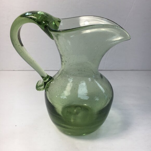 Vintage Green Glass Pitcher With Heart-Shaped Top 5" High - Picture 2 of 7